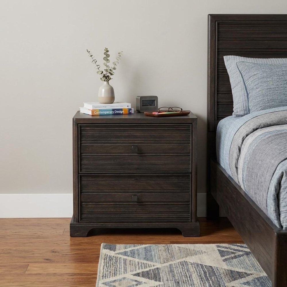 24" Umber Solid Wood Distressed Carved Geometric Two Drawer Nightstand