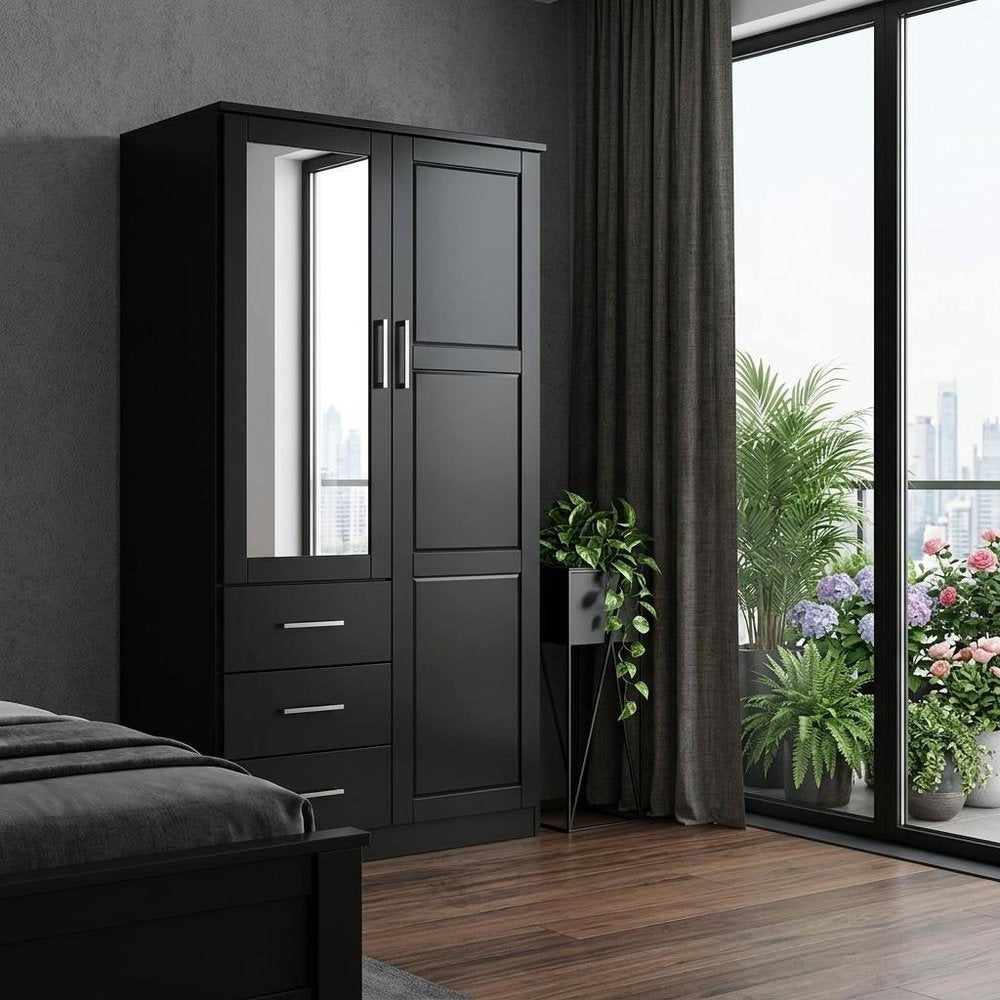 72" Black Solid Wood Mirrored Two Door Three Drawer Combo Dresser