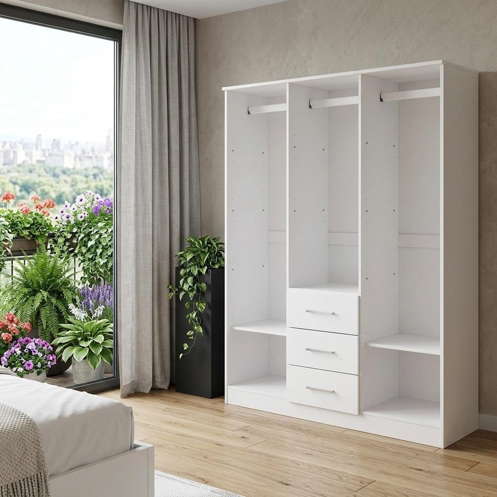 72" White Solid Wood Three Door Three Drawer Combo Dresser