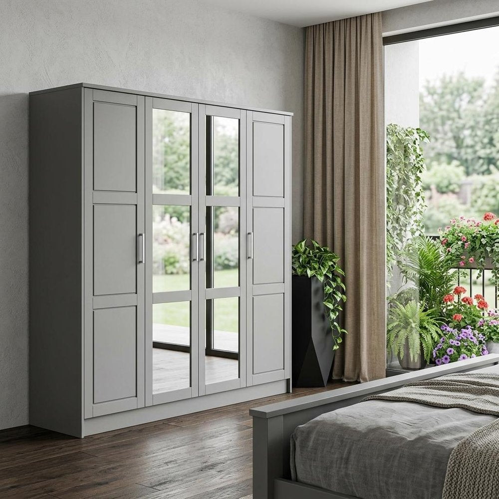 72" Gray Solid Wood Mirrored Four Door Combo Dresser