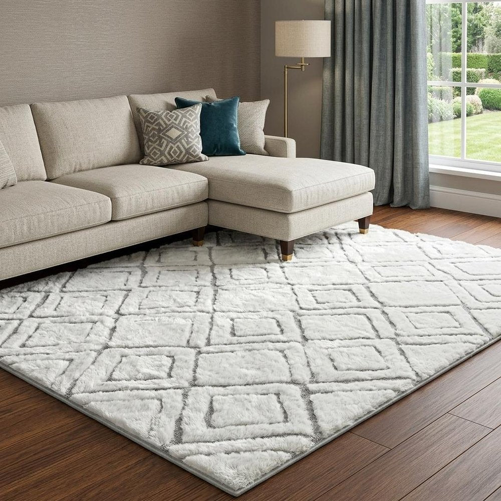 9' X 12' Yellow And Ivory Geometric Shag Washable Area Rug With UV Protection