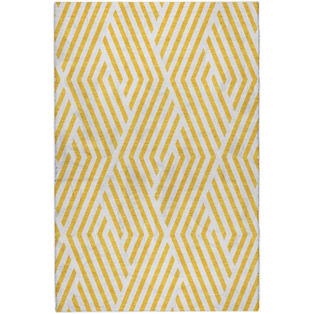 9' X 12' Yellow And Ivory Geometric Shag Washable Area Rug With UV Protection