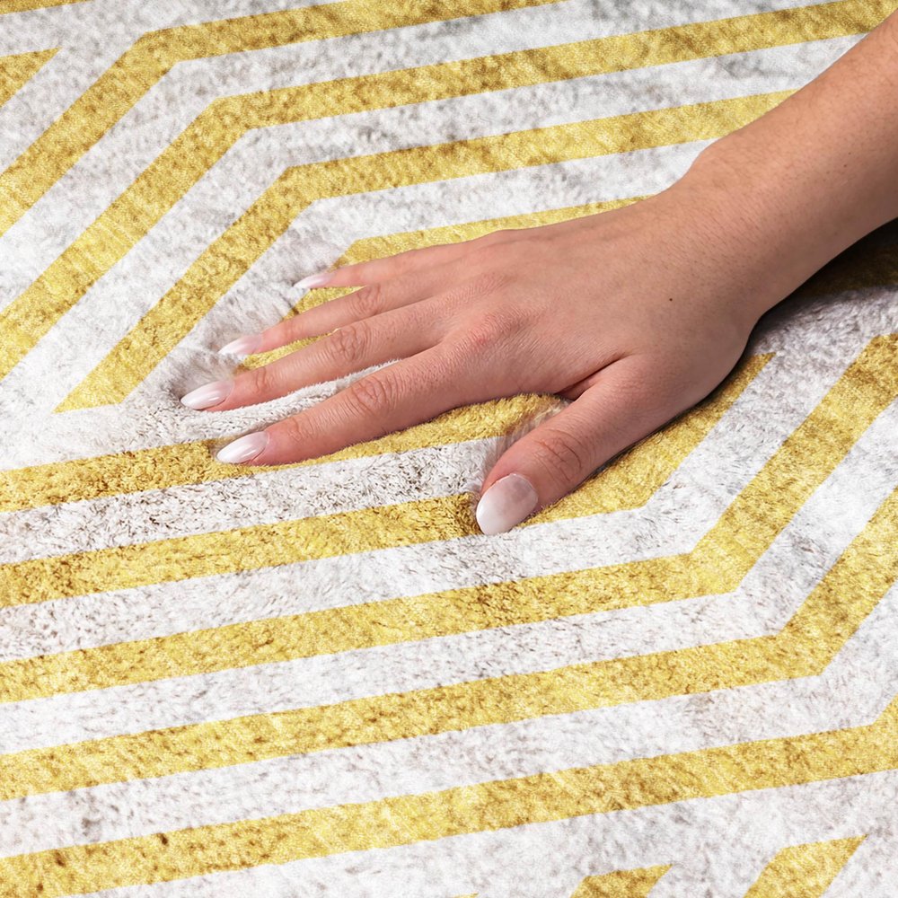 9' X 12' Yellow And Ivory Geometric Shag Washable Area Rug With UV Protection