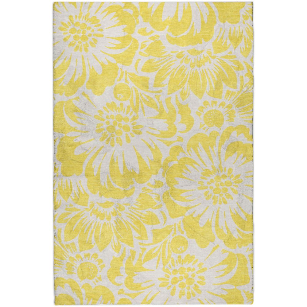 9' X 12' Yellow And Ivory Floral Shag Washable Area Rug With UV Protection