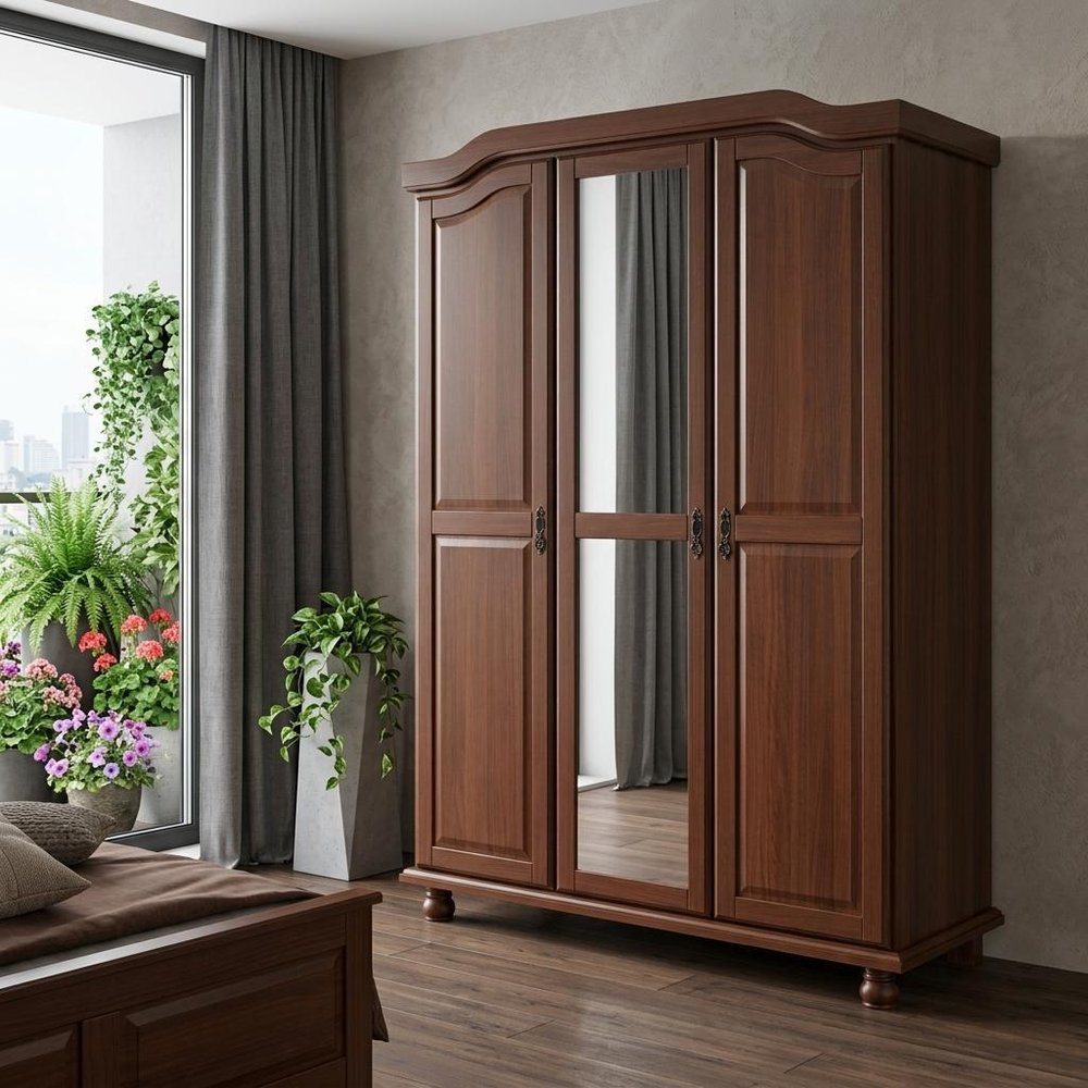 74" Coffee Solid Wood Mirrored Three Door Combo Dresser