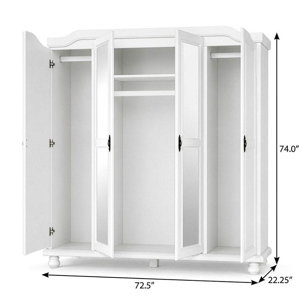 74" White Solid Wood Mirrored Four Door Combo Dresser