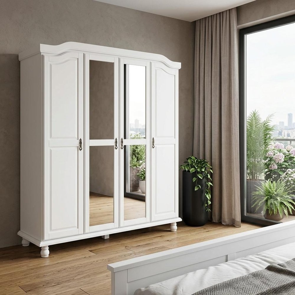 74" White Solid Wood Mirrored Four Door Combo Dresser