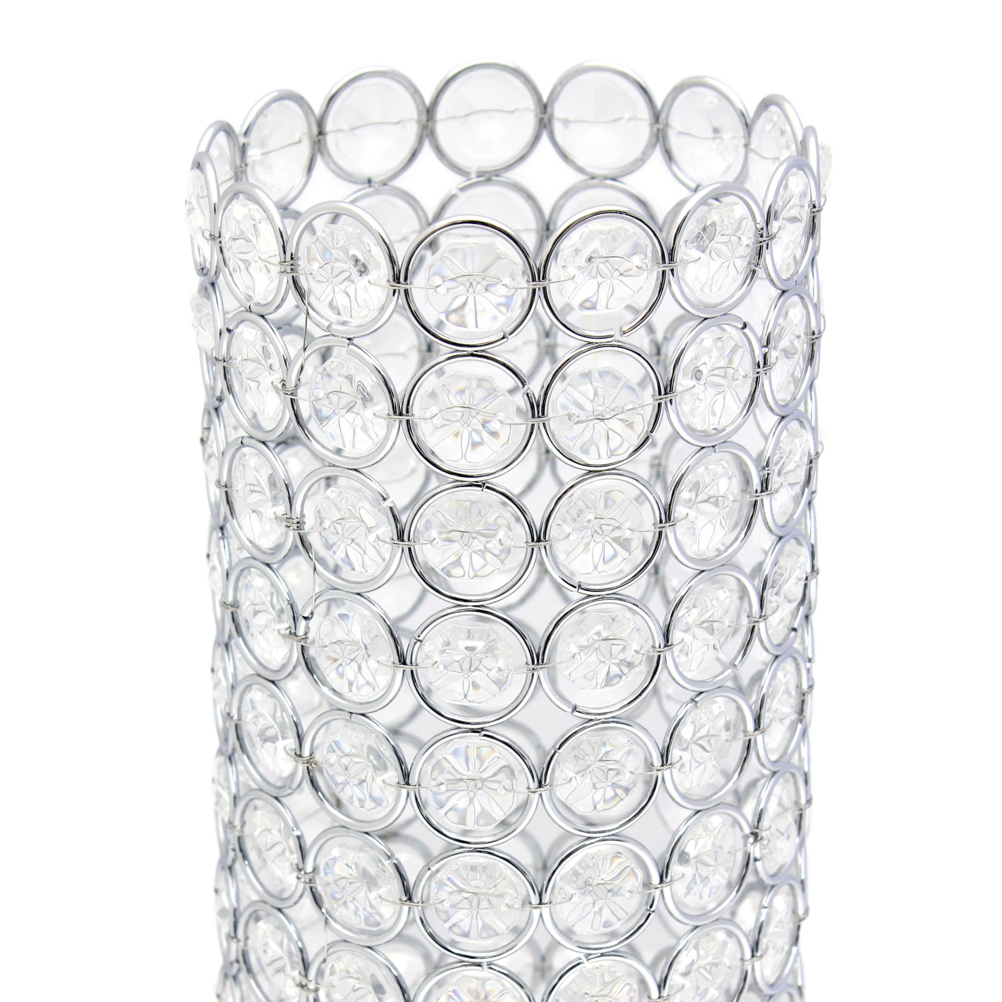 11" Clear And Silver Crystal And Metal Cylinder Table Vase With Faux Crystals