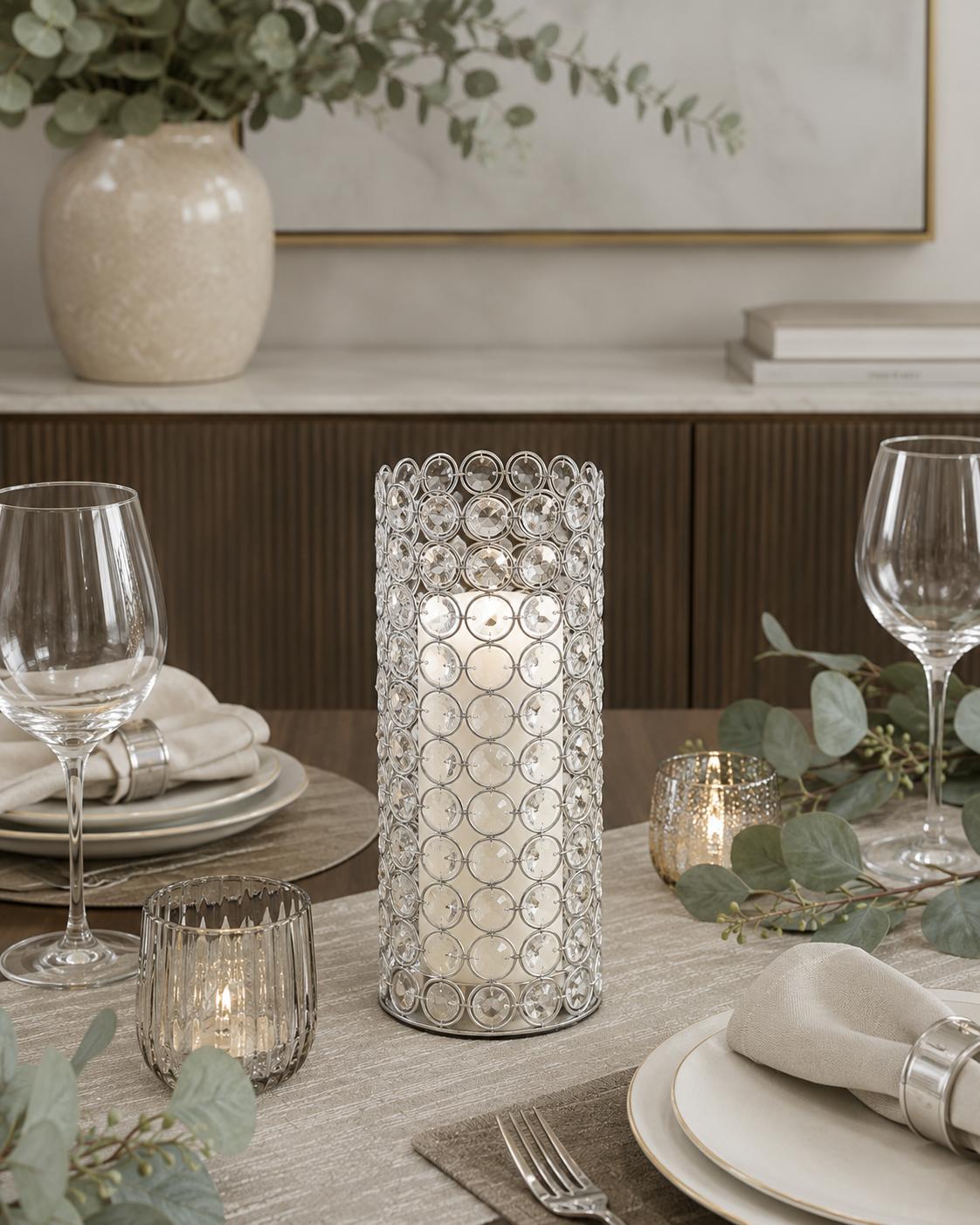 11" Clear And Silver Crystal And Metal Cylinder Table Vase With Faux Crystals