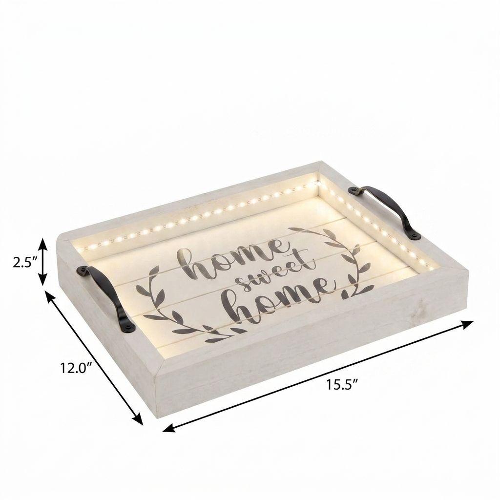 16" White And Black Wood Home Sweet Home Serving Tray With Handles And LED Lights