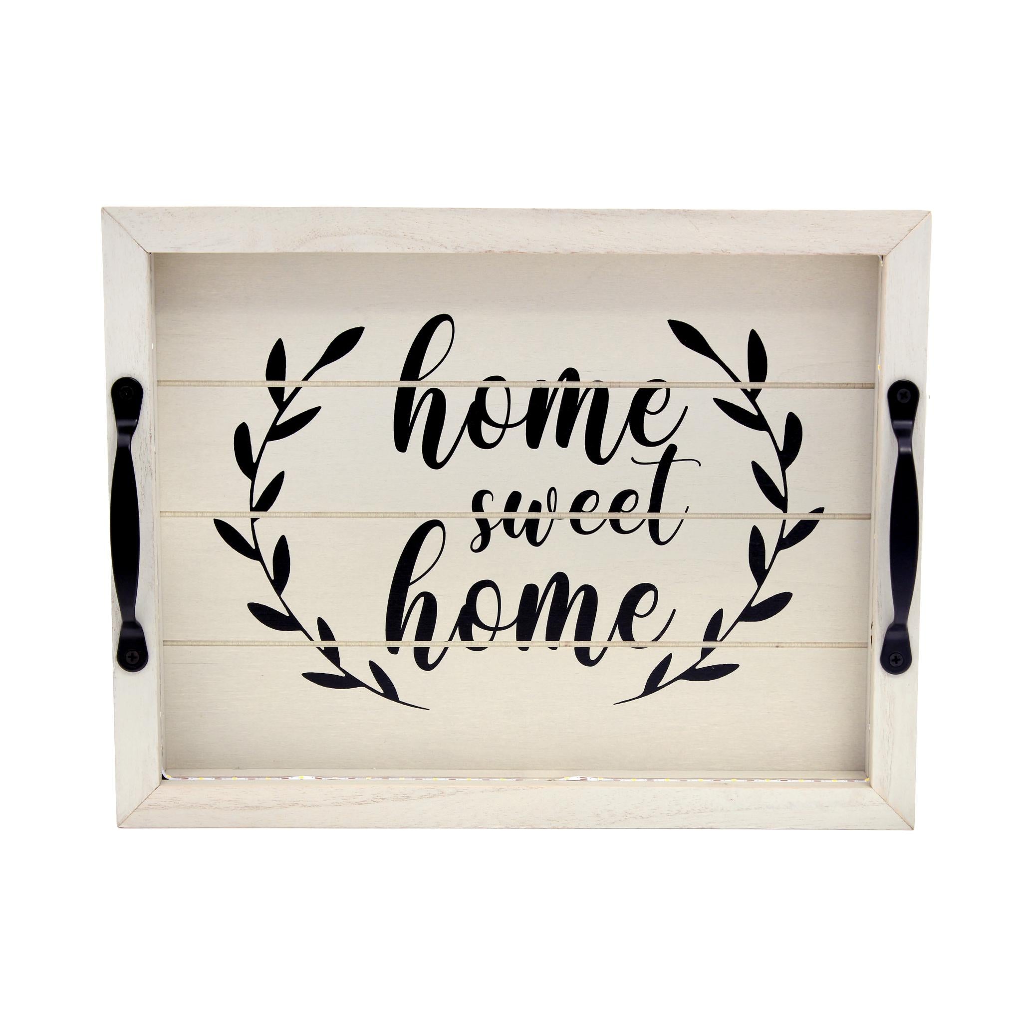 16" White And Black Wood Home Sweet Home Serving Tray With Handles And LED Lights