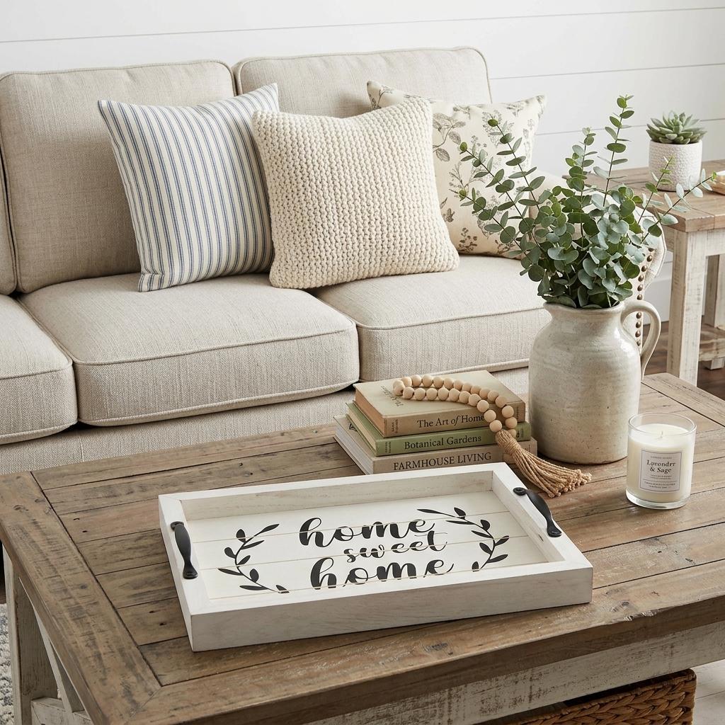 16" White And Black Wood Home Sweet Home Serving Tray With Handles And LED Lights