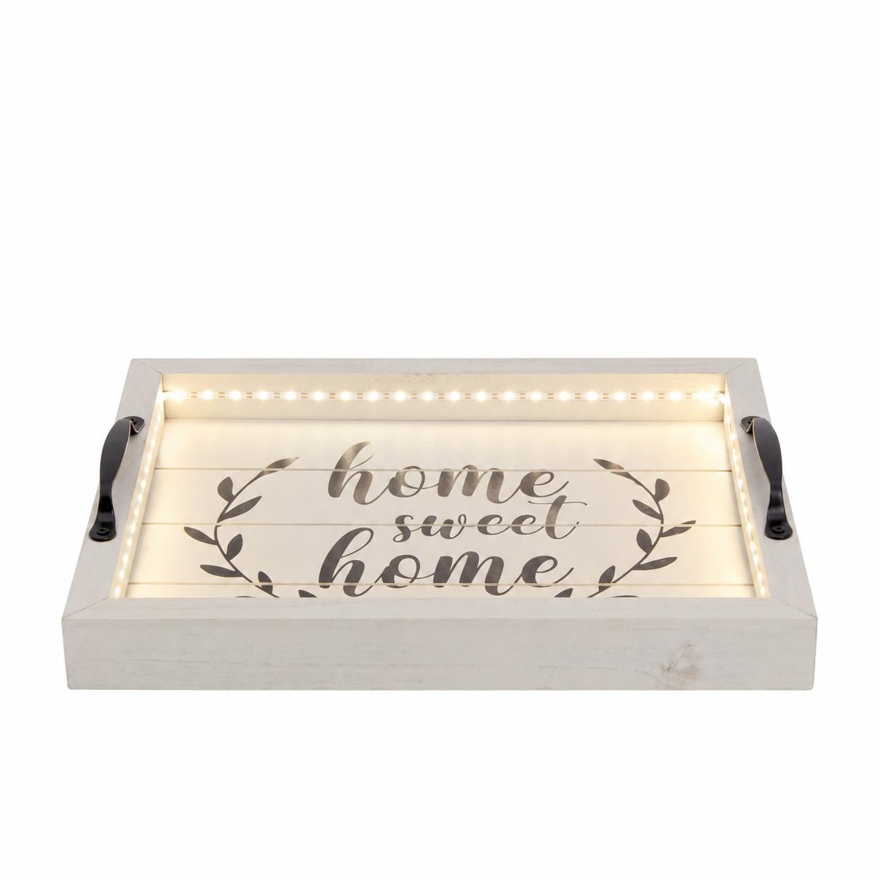 16" White And Black Wood Home Sweet Home Serving Tray With Handles And LED Lights
