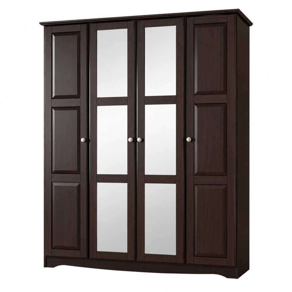 72" Dark Brown Solid Wood Mirrored Four Door Combo Dresser