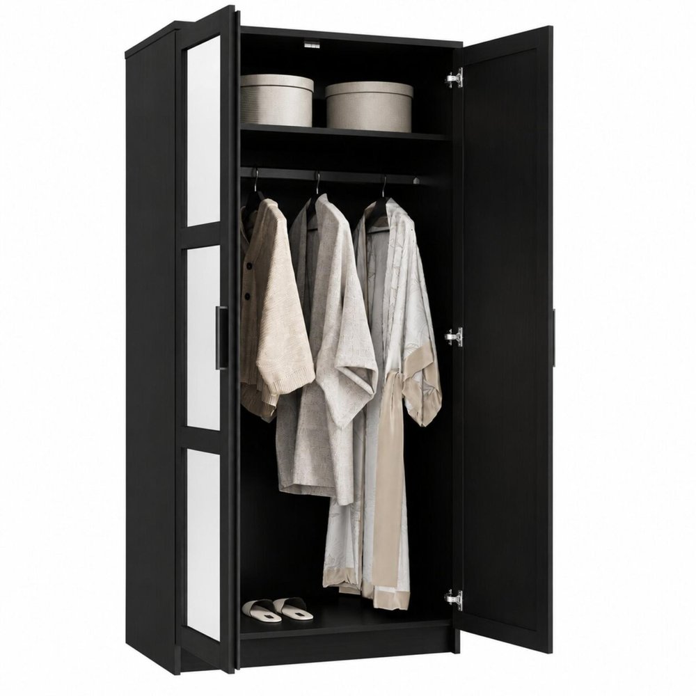 72" Black Solid Wood Mirrored Two Door Combo Dresser