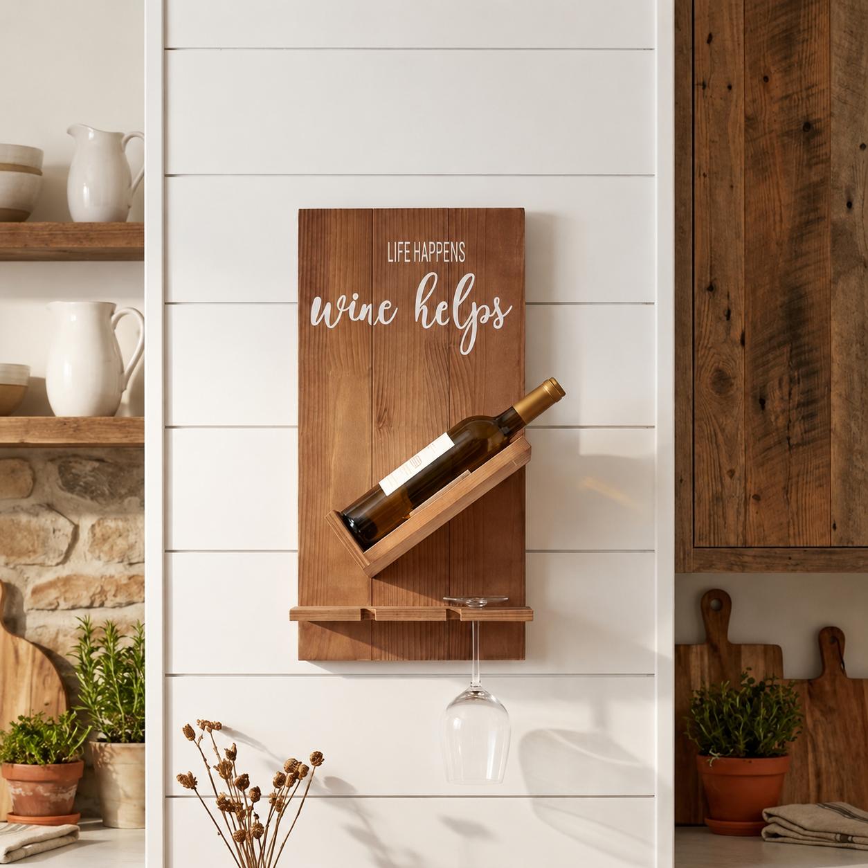 20" X 10" Brown Life Happens Wine Helps Rustic Wood Hanging Wall Decor