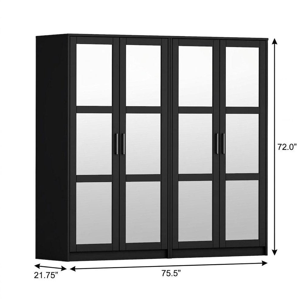 72" White Solid Wood Mirrored Four Door Combo Dresser