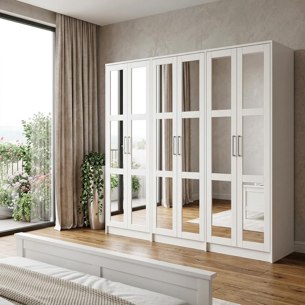 72" White Solid Wood Mirrored Six Door Combo Dresser