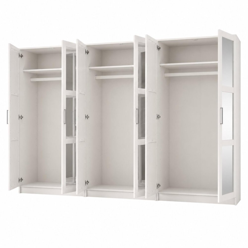 72" White Solid Wood Mirrored Six Door Combo Dresser