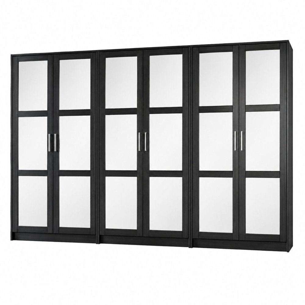72" Black Solid Wood Mirrored Six Door Combo Dresser