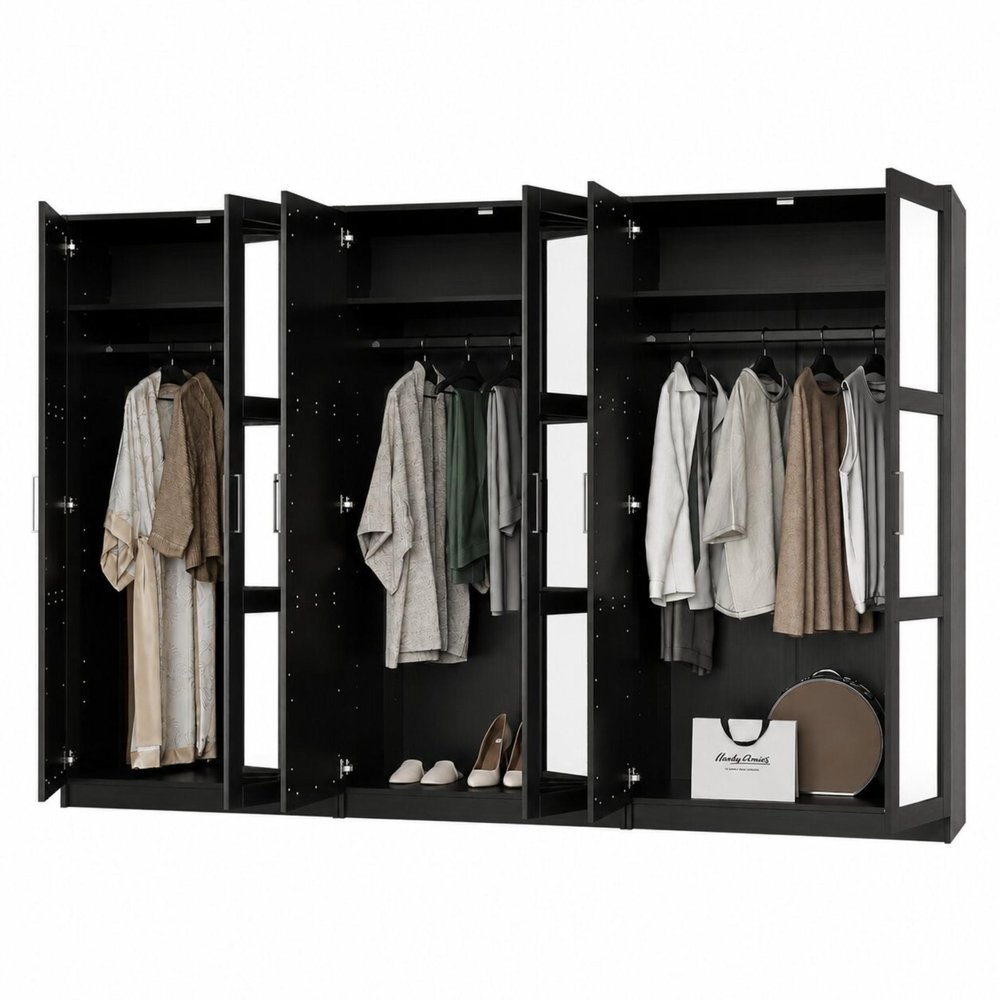 72" Black Solid Wood Mirrored Six Door Combo Dresser