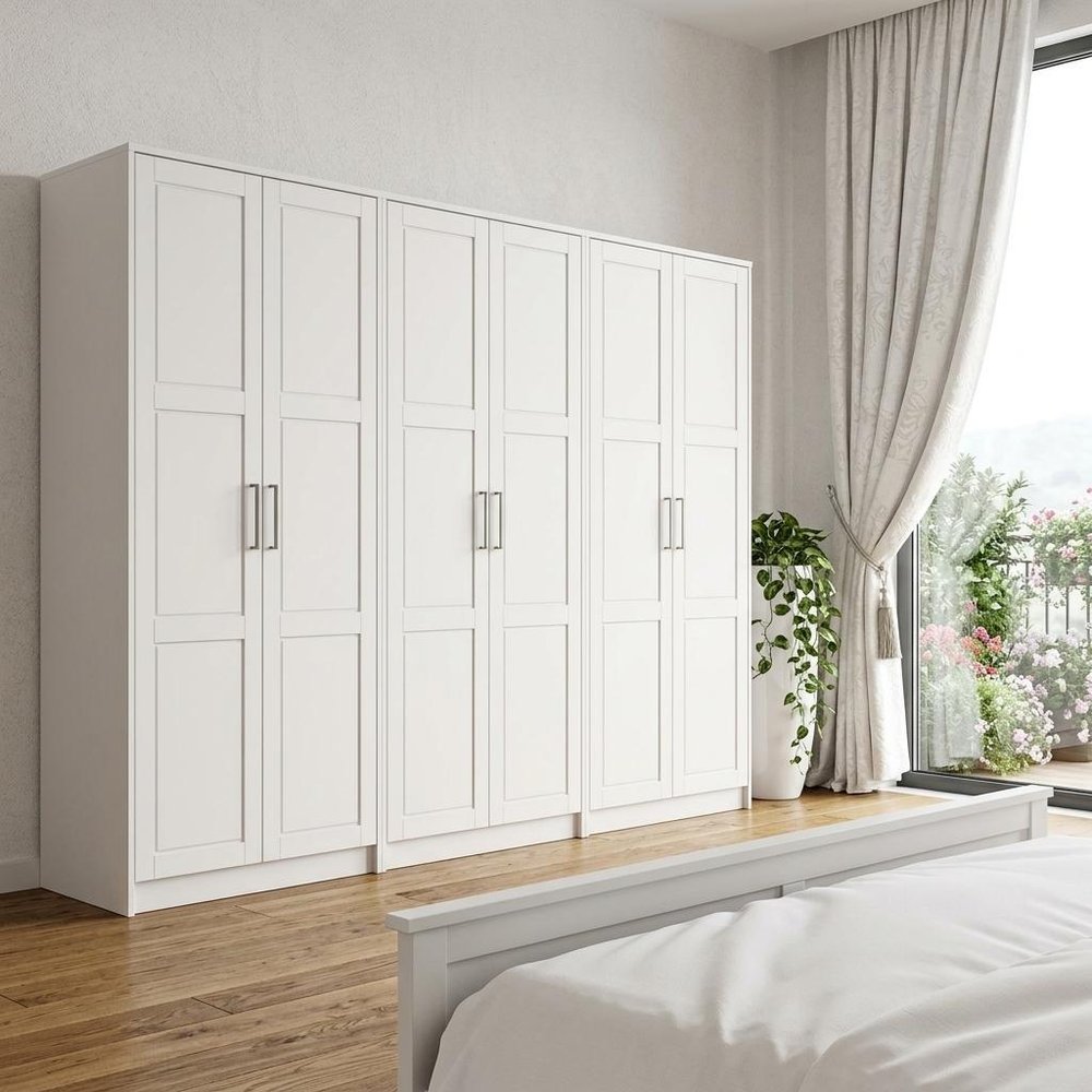 72" White Solid Wood Mirrored Six Door Combo Dresser