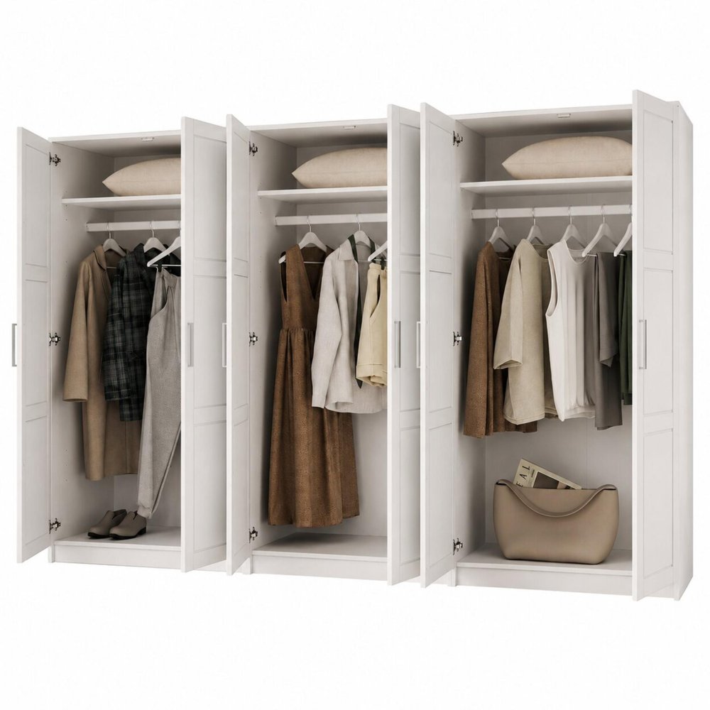 72" White Solid Wood Mirrored Six Door Combo Dresser