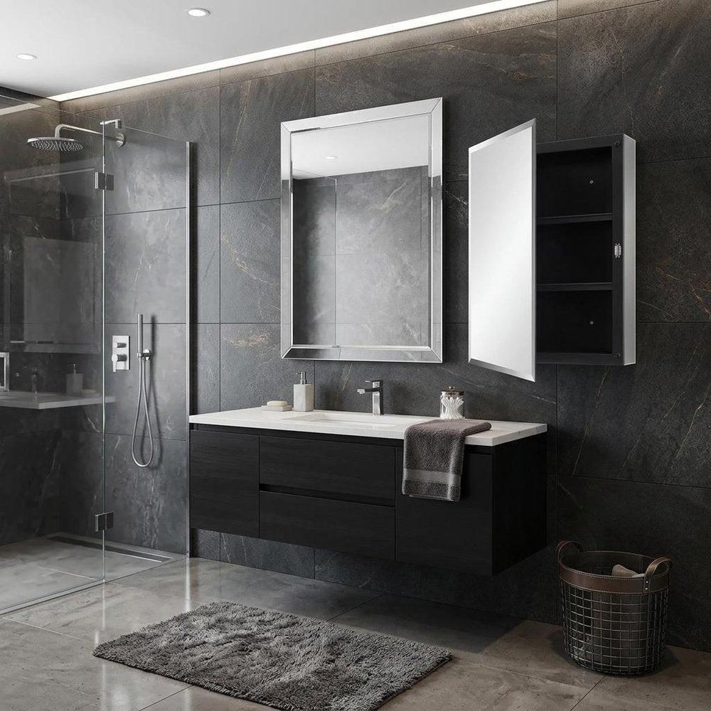 16" Black Plastic Floating Single Door Bathroom Vanity And Medicine Cabinet With Mirror
