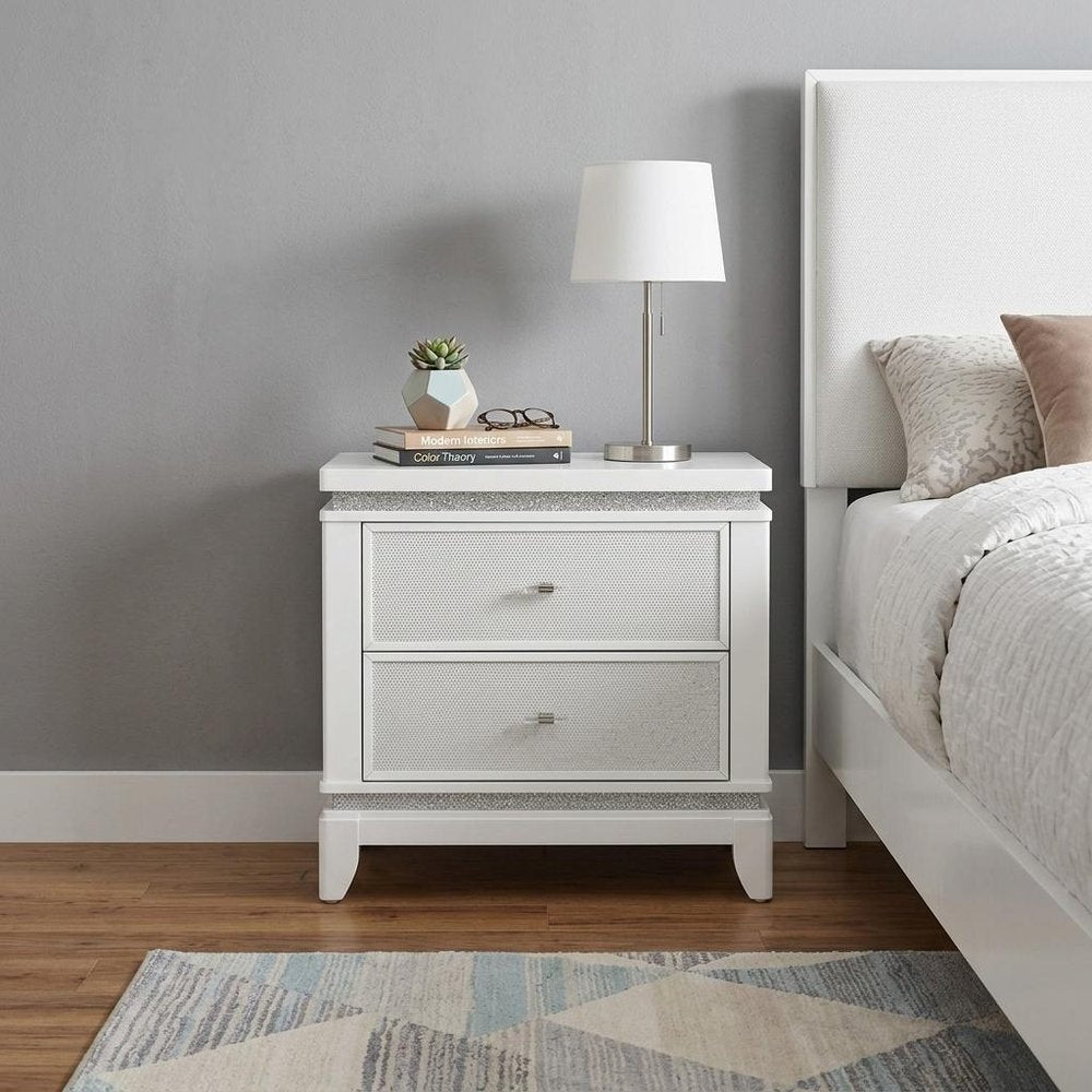 27" White And Silver Wood Two Drawer Nightstand