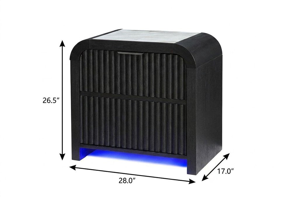 27" White And Black Wood Lighted Two Drawer Nightstand with USB Port and Integrated Tech