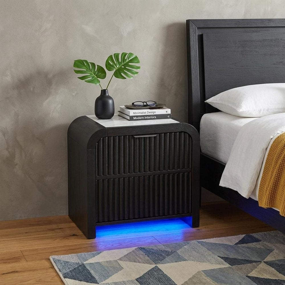 27" White And Black Wood Lighted Two Drawer Nightstand with USB Port and Integrated Tech