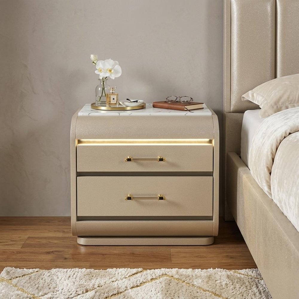 24" Gold Wood Lighted Two Drawer Nightstand