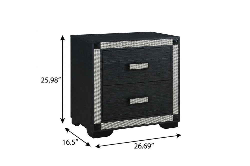 26" Charcoal Wood Faux Crystal Bling Two Drawer Nightstand