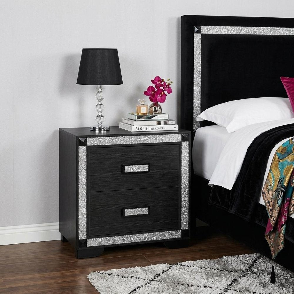 26" Charcoal Wood Faux Crystal Bling Two Drawer Nightstand