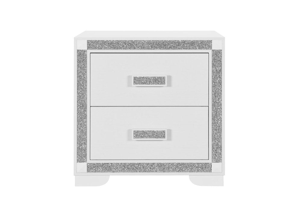 26" White Wood Faux Crystal Bling Two Drawer Nightstand