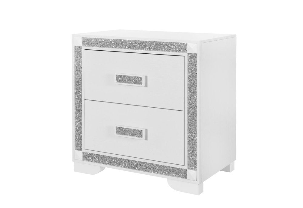 26" White Wood Faux Crystal Bling Two Drawer Nightstand