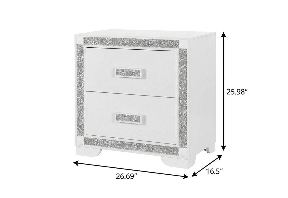 26" White Wood Faux Crystal Bling Two Drawer Nightstand