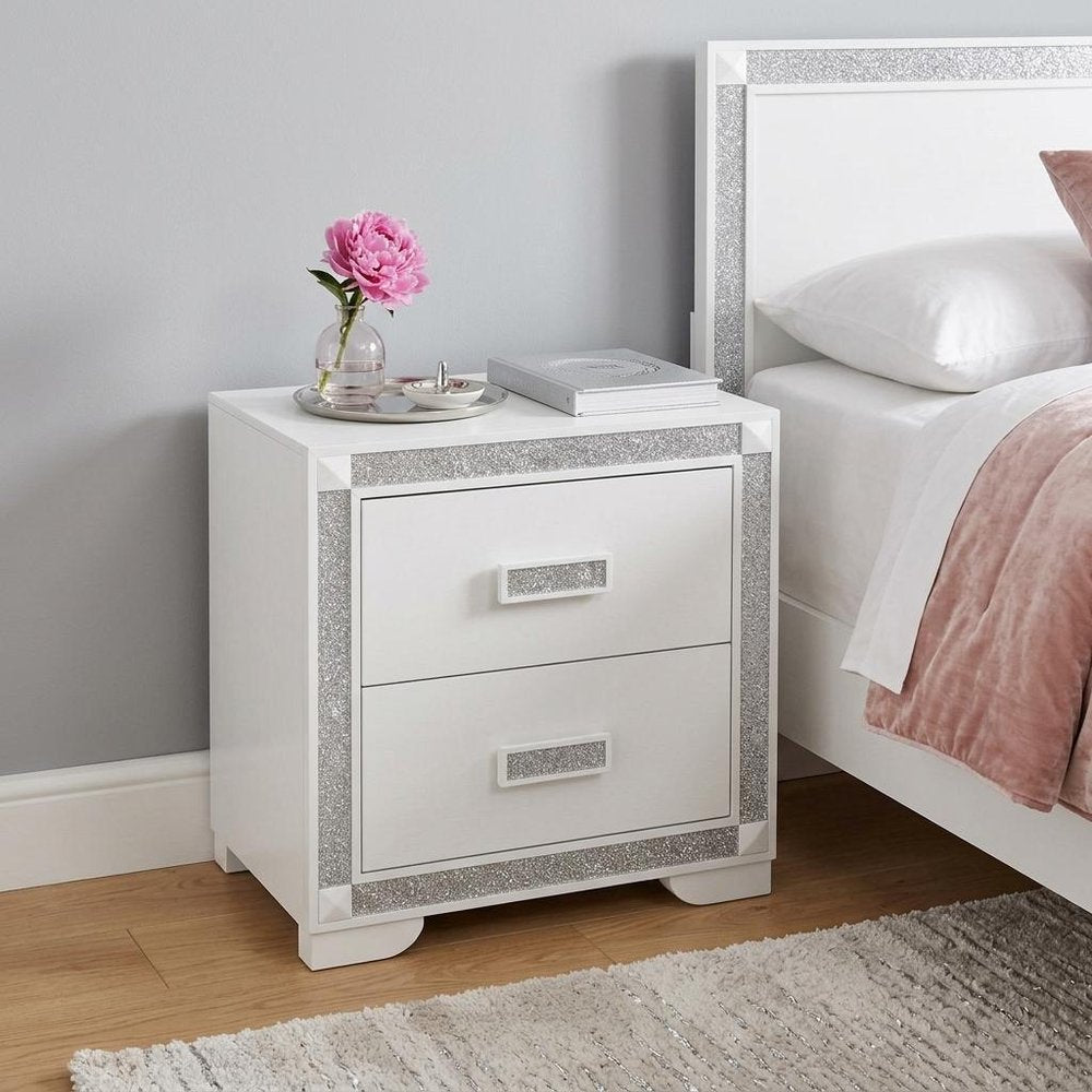 26" White Wood Faux Crystal Bling Two Drawer Nightstand