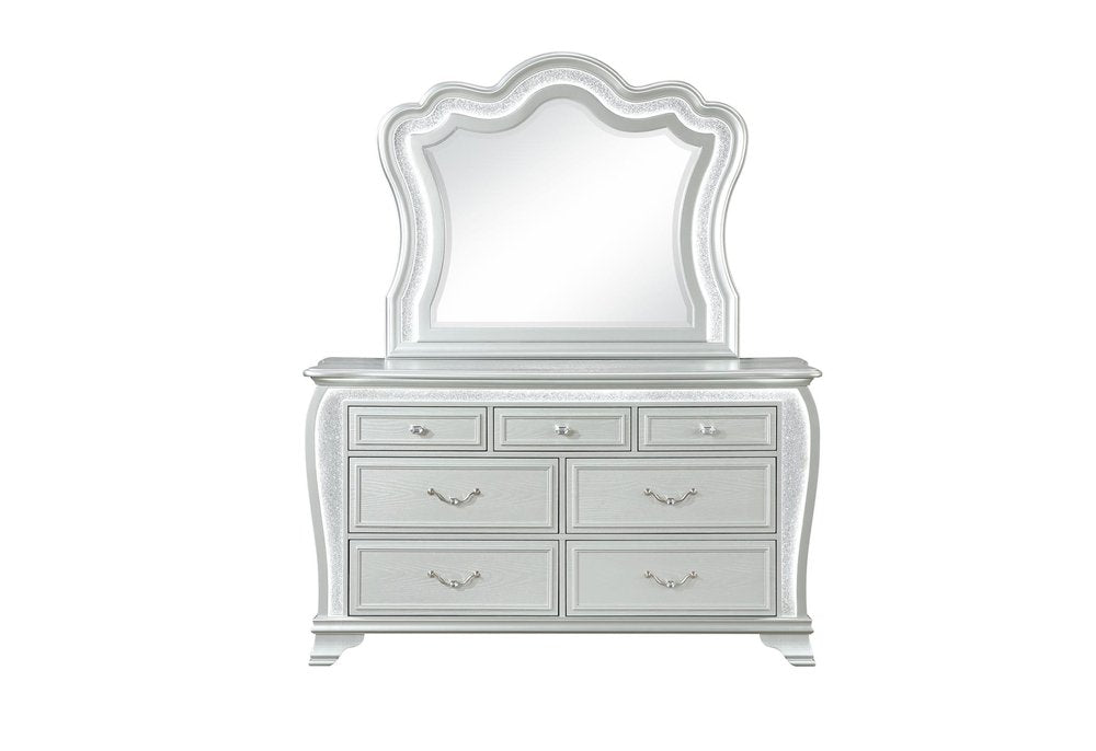 66" Silver Wood Lighted Six Drawer Double Dresser