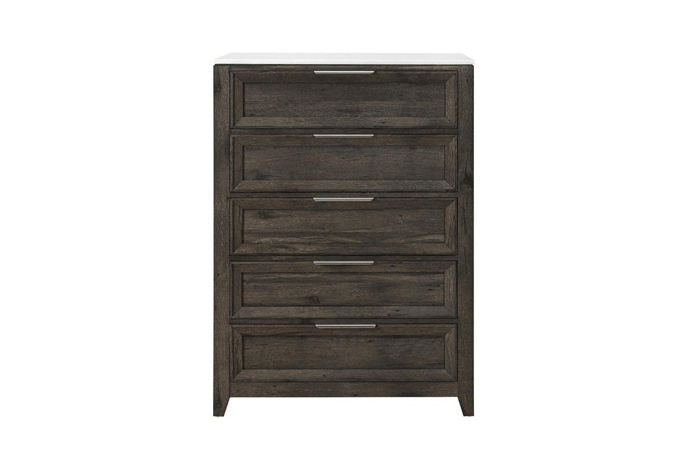55" Dark Brown Wood Five Drawer Dresser