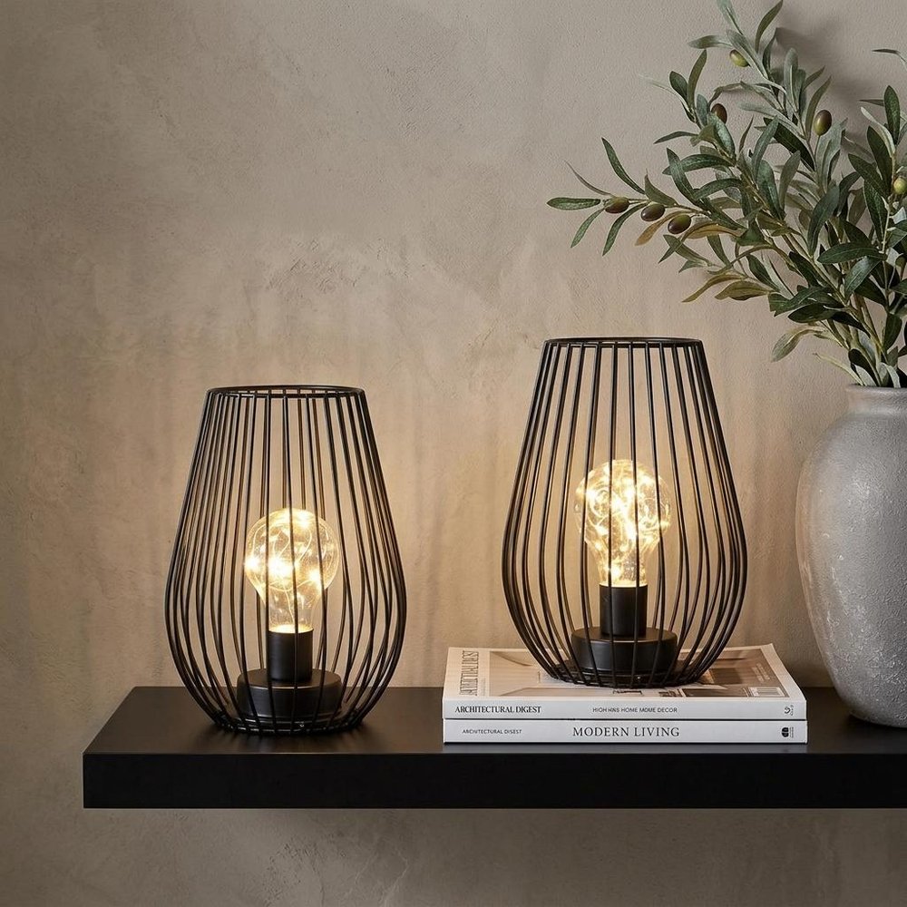 Set of Two 7" Black Metal Pierced Lantern Desk Lamps With Novelty Shades