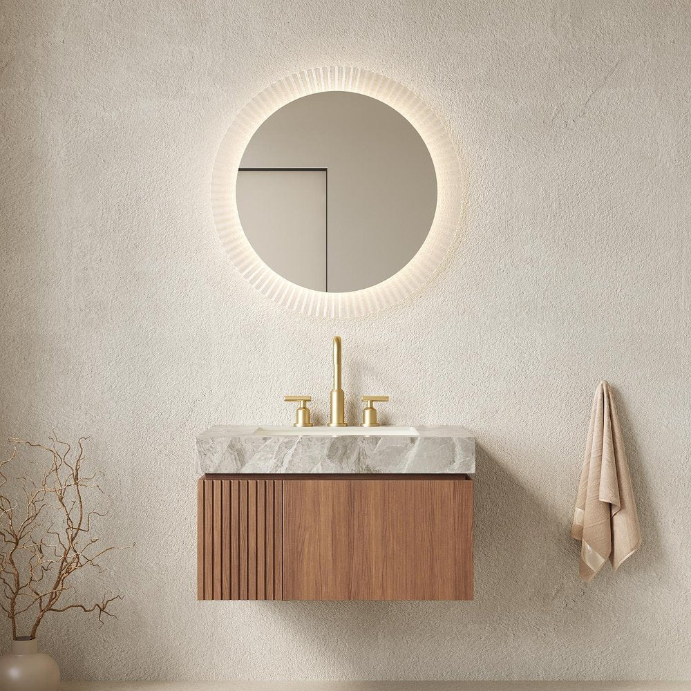 30" Brown Wood Floating Single Door Bathroom Vanity With White Sink