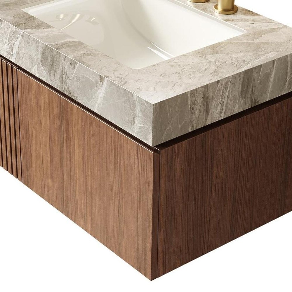 30" Brown Wood Floating Single Door Bathroom Vanity With White Sink