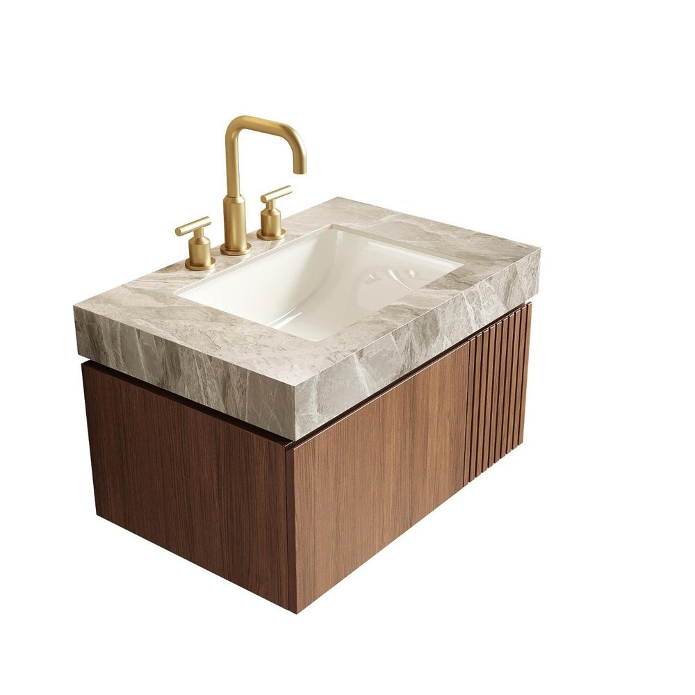 30" Brown Wood Floating Single Door Bathroom Vanity With White Sink