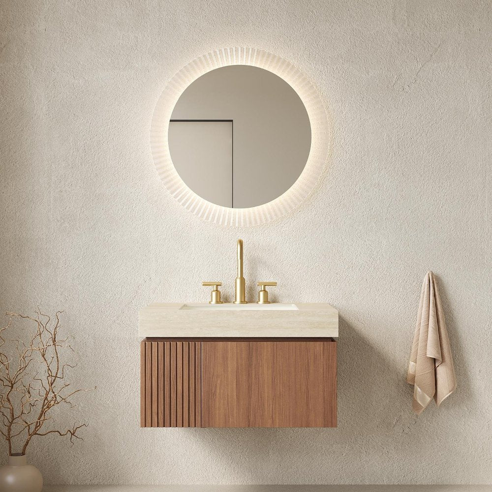 30" Brown Wood Floating Single Door Bathroom Vanity With White Sink