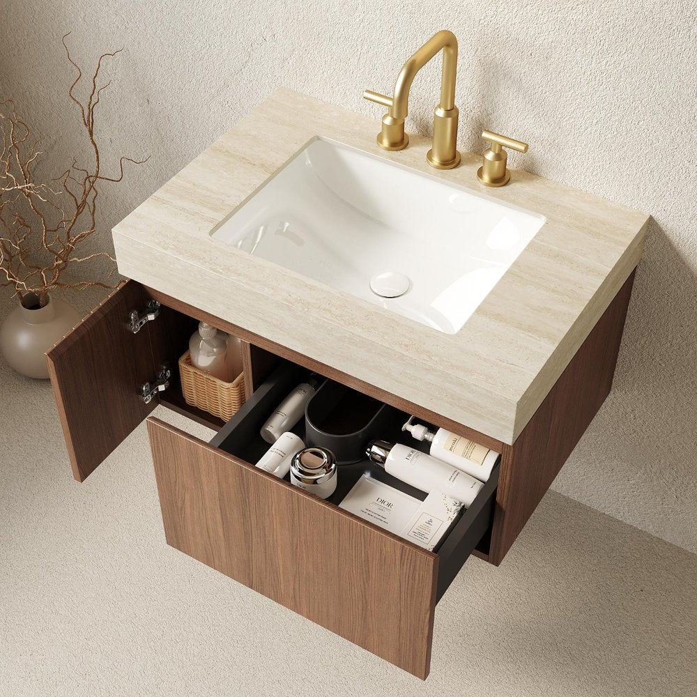 30" Brown Wood Floating Single Door Bathroom Vanity With White Sink
