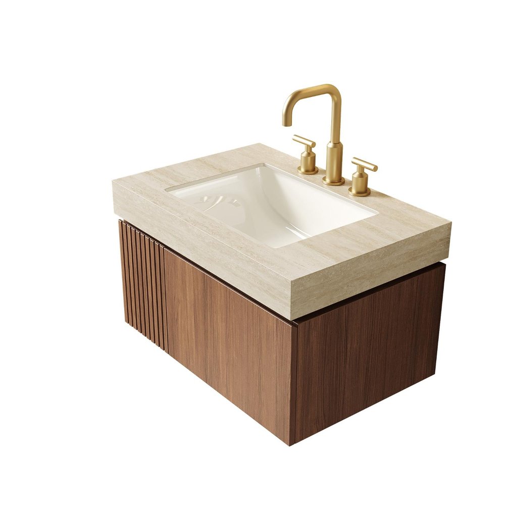 30" Brown Wood Floating Single Door Bathroom Vanity With White Sink