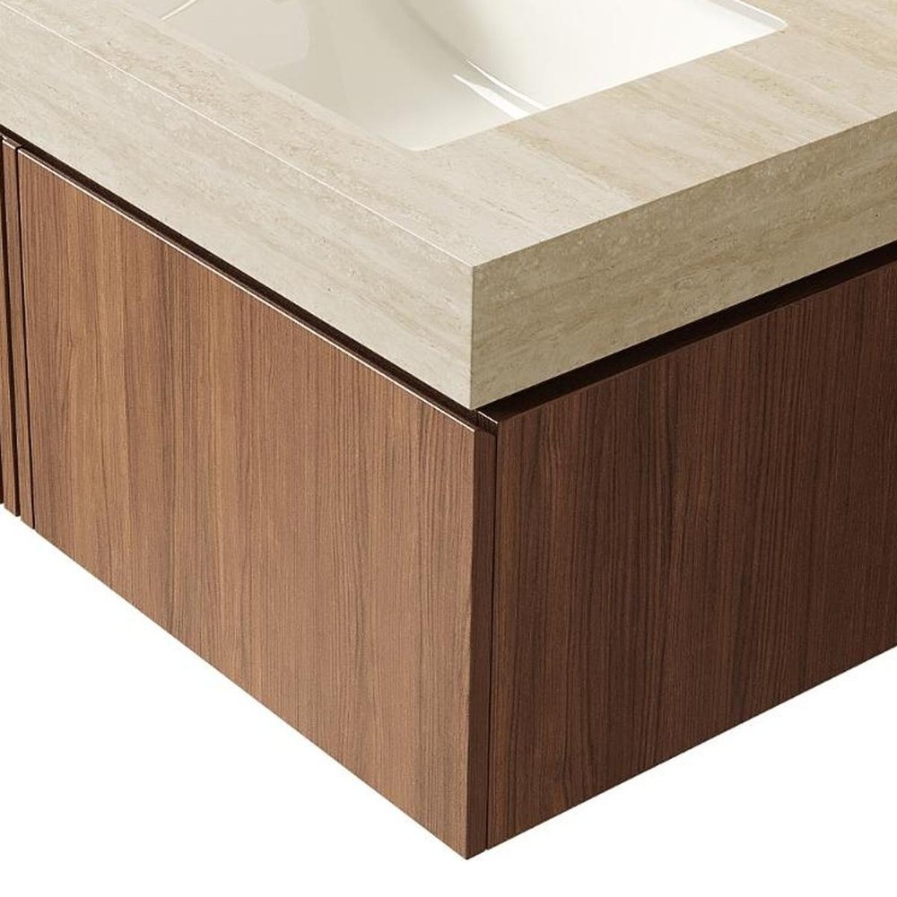 30" Brown Wood Floating Single Door Bathroom Vanity With White Sink