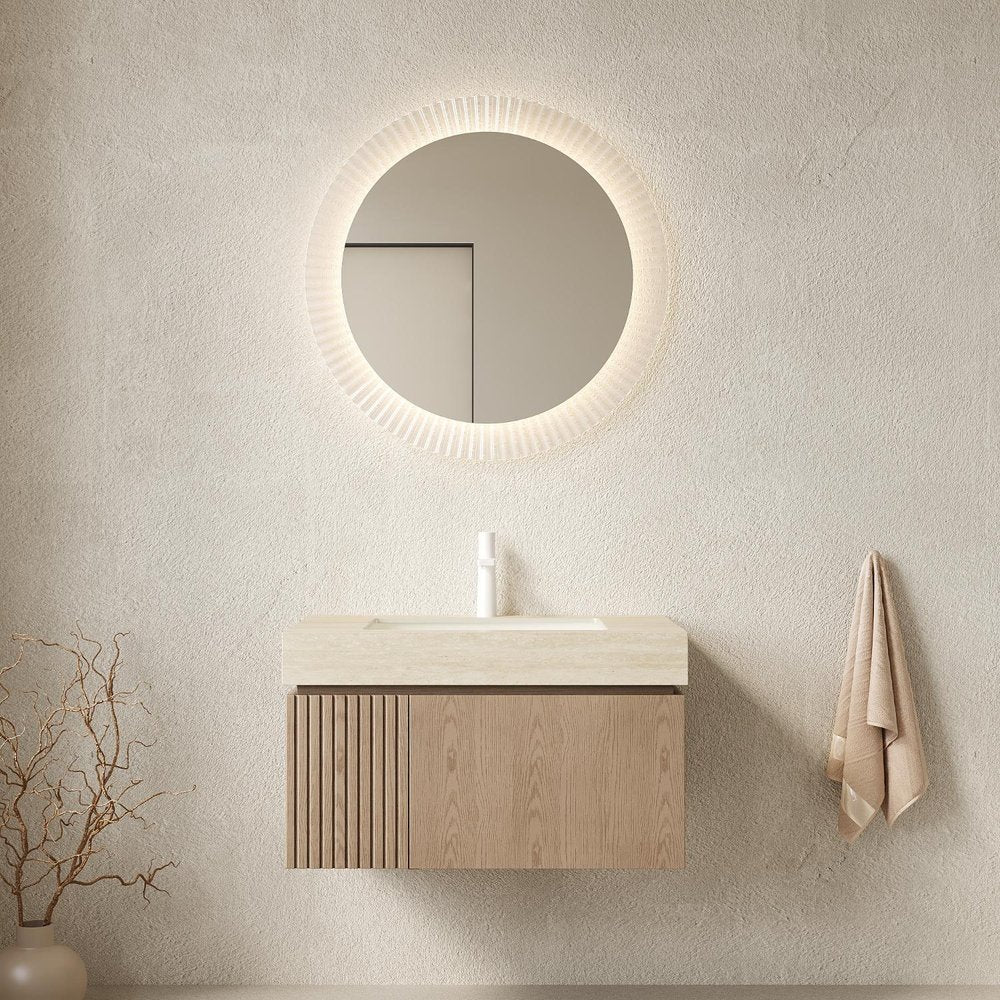 30" Brown Wood Floating Single Door Bathroom Vanity With White Sink