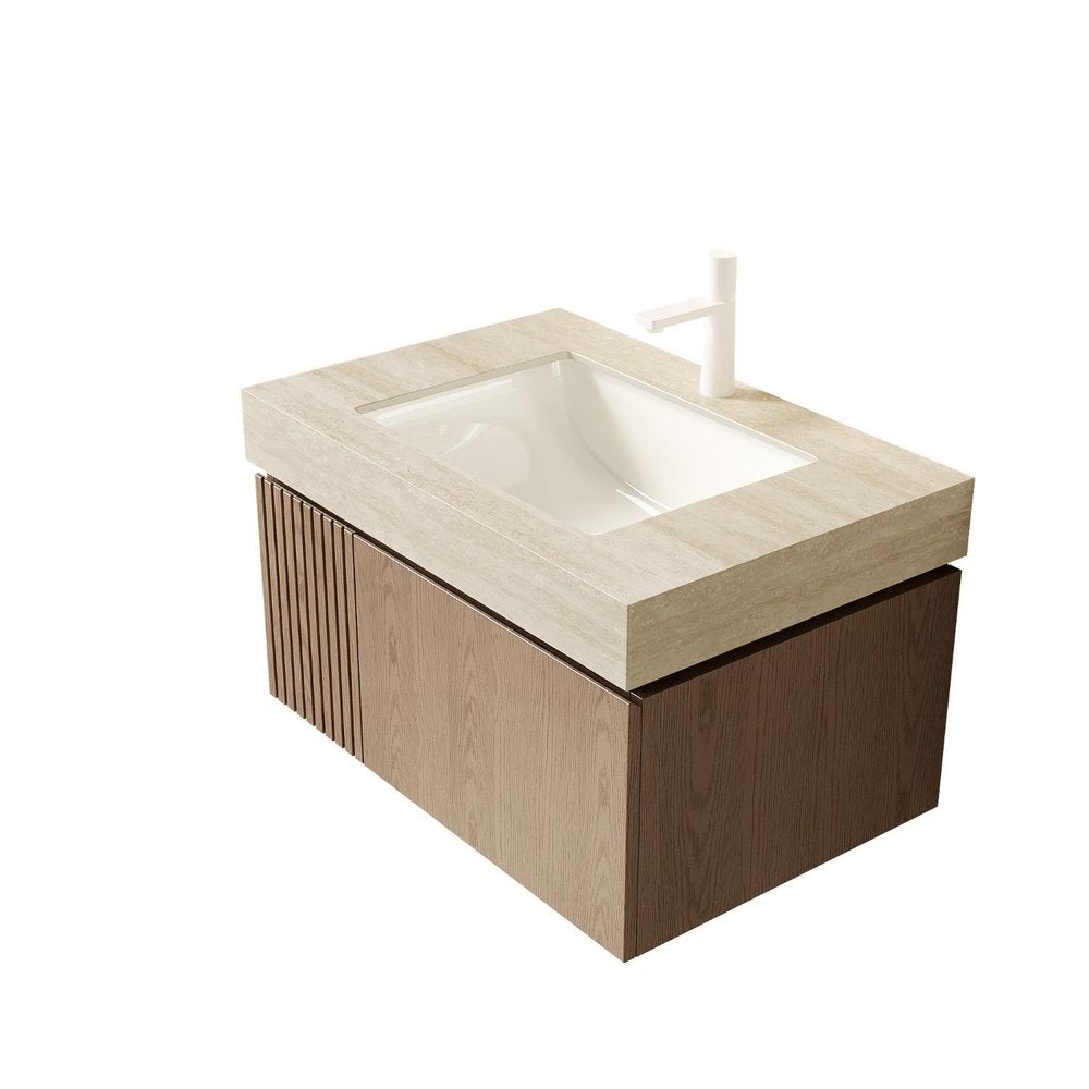 30" Brown Wood Floating Single Door Bathroom Vanity With White Sink